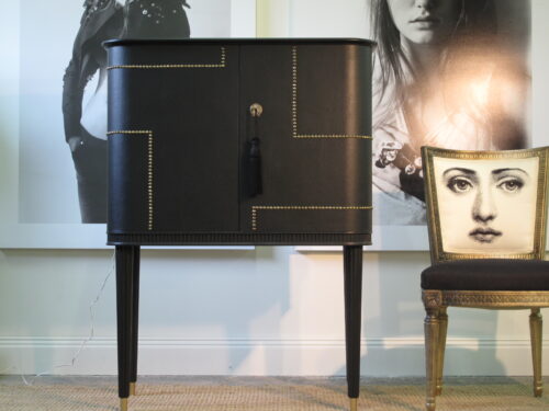 Barskåp ca 1940 Swedish Grace svart skinn & nitar