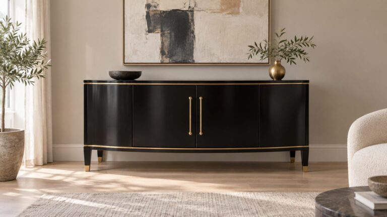 Svartlackerat svenskt art deco-sideboard med svängd front och mässingsdetaljer i ett modernt vardagsrum