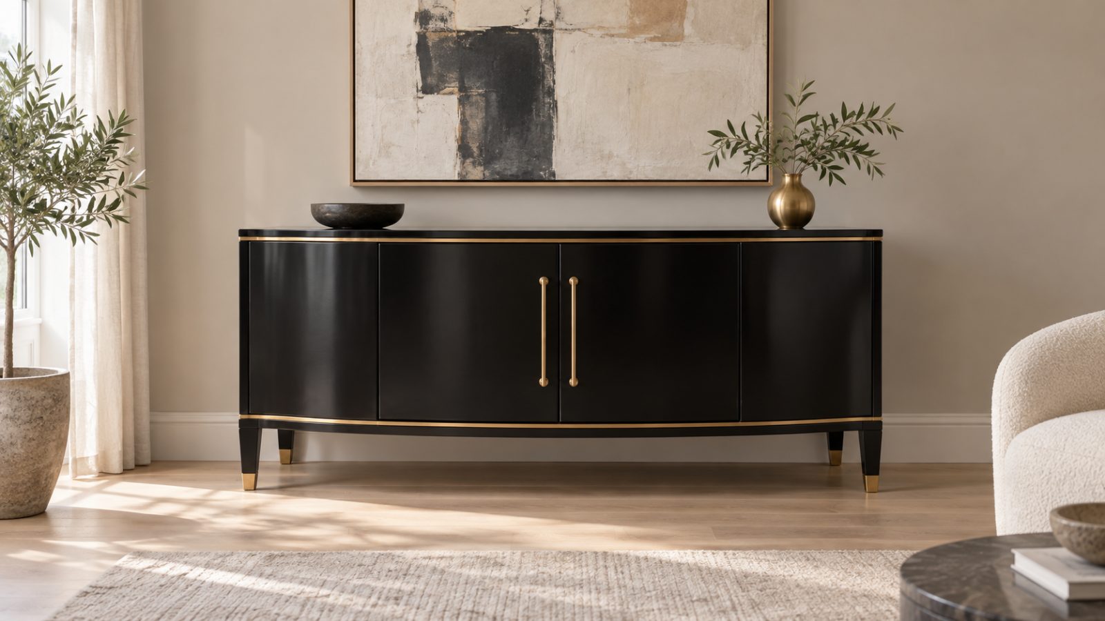 Svartlackerat svenskt art deco-sideboard med svängd front och mässingsdetaljer i ett modernt vardagsrum